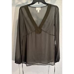 Vtg Y2K Whimsy Goth Fairy Grunge Loft Olive Green Sheer Crochet Lace Top Sz‎ 4